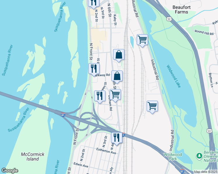 map of restaurants, bars, coffee shops, grocery stores, and more near 3963 Green Street in Harrisburg