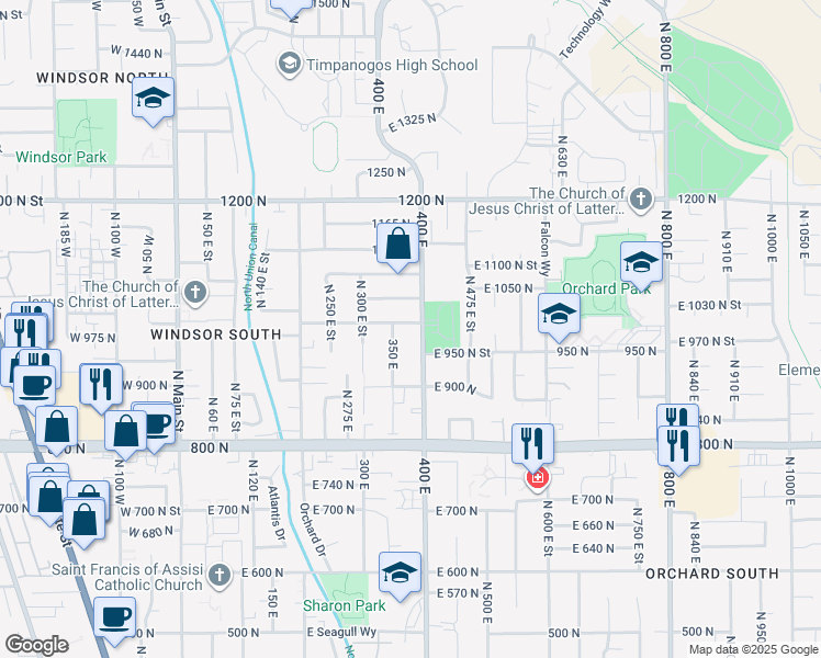 map of restaurants, bars, coffee shops, grocery stores, and more near 380 East 1000 North Street in Orem