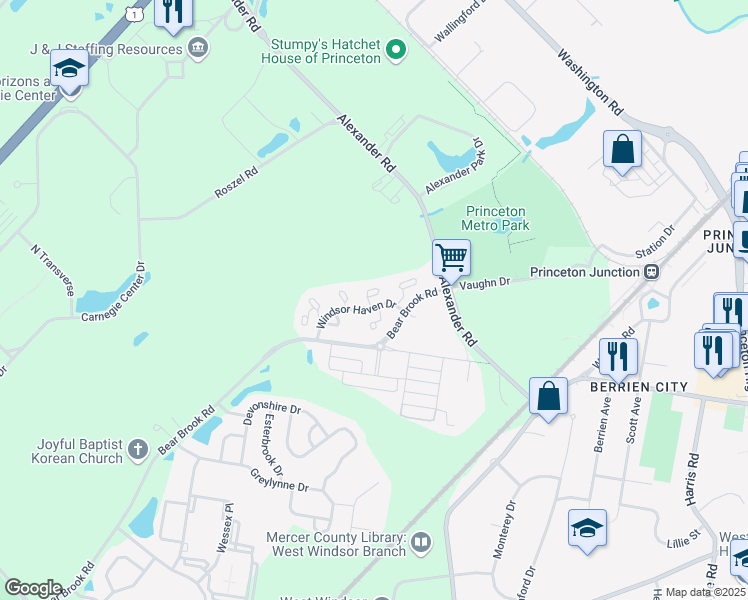 map of restaurants, bars, coffee shops, grocery stores, and more near 77 East Shrewsbury Place in Princeton