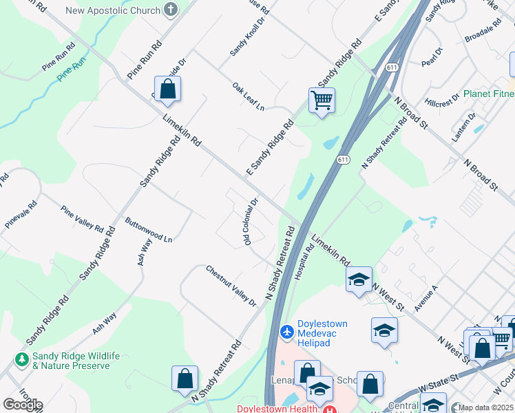 map of restaurants, bars, coffee shops, grocery stores, and more near 17 Gatehouse Lane in Doylestown