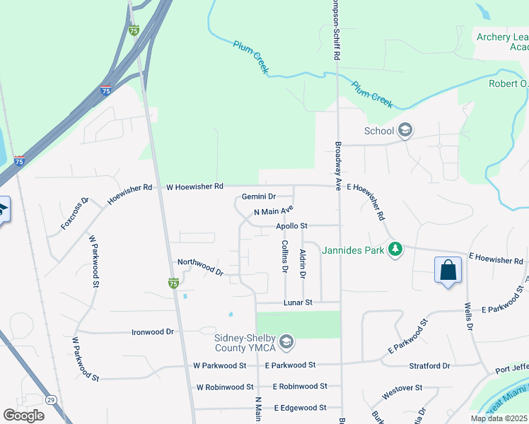 map of restaurants, bars, coffee shops, grocery stores, and more near 2525 North Main Avenue in Sidney