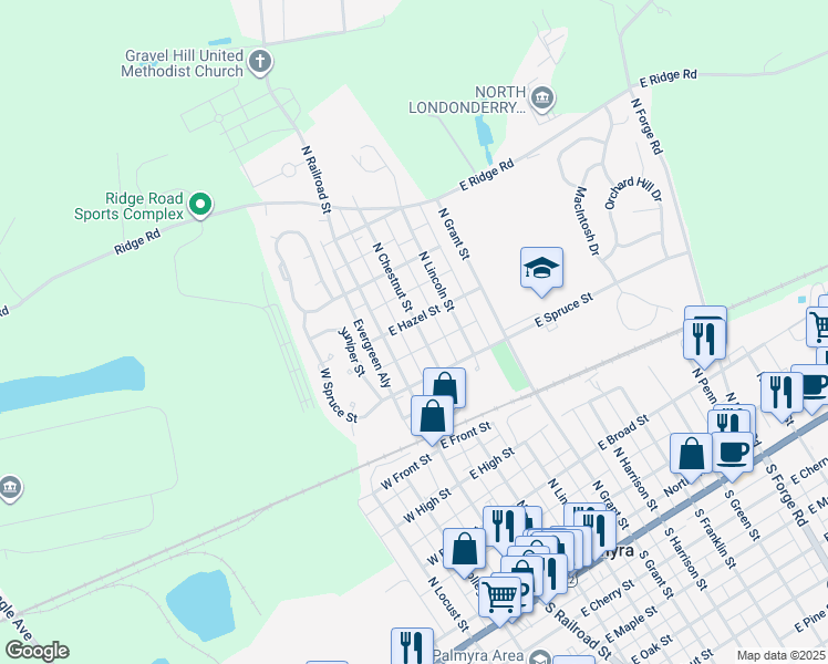 map of restaurants, bars, coffee shops, grocery stores, and more near 551 North Chestnut Street in Palmyra