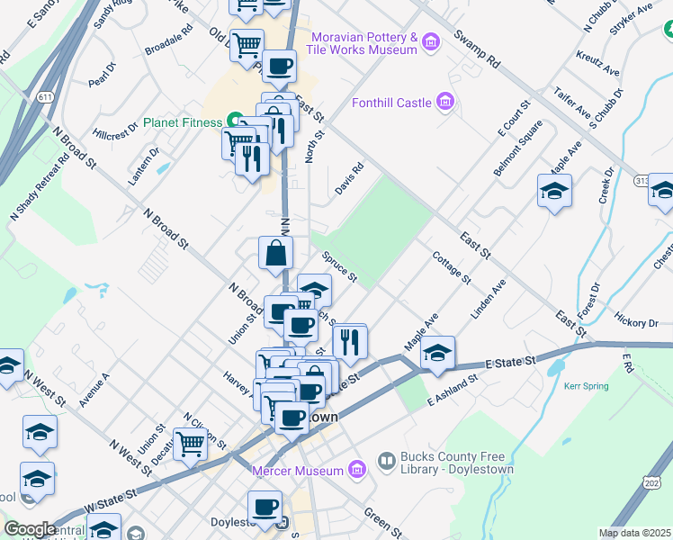 map of restaurants, bars, coffee shops, grocery stores, and more near 200 Spruce Street in Doylestown