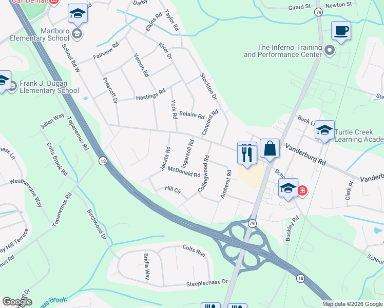 map of restaurants, bars, coffee shops, grocery stores, and more near 7 Ingersoll Road in Marlboro