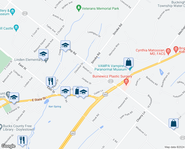 map of restaurants, bars, coffee shops, grocery stores, and more near 20 Walnut Lane in Doylestown