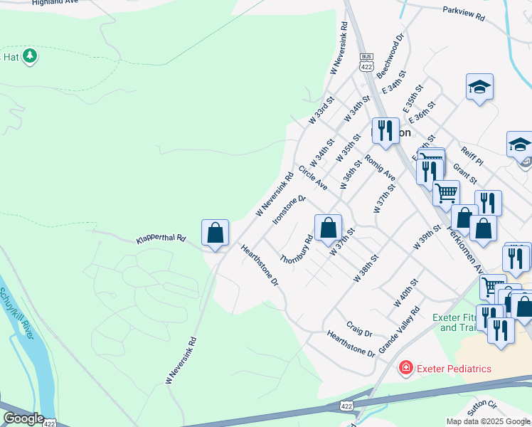map of restaurants, bars, coffee shops, grocery stores, and more near 219 West Neversink Road in Reading