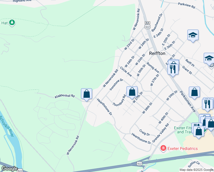 map of restaurants, bars, coffee shops, grocery stores, and more near 219 West Neversink Road in Reading
