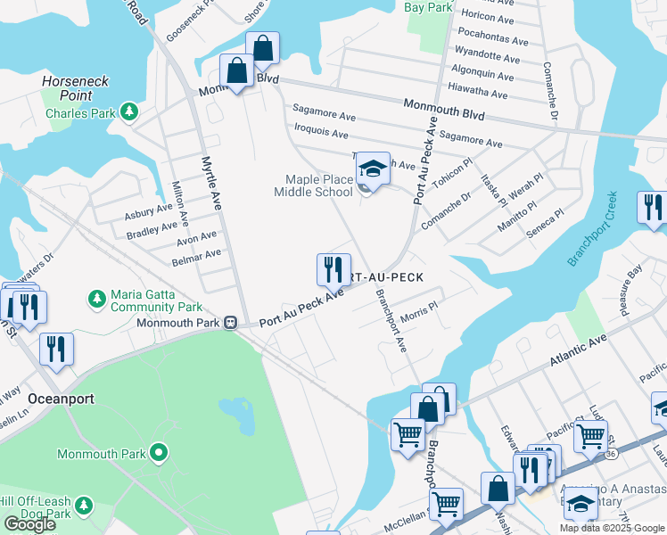map of restaurants, bars, coffee shops, grocery stores, and more near 34 Revere Drive in Oceanport