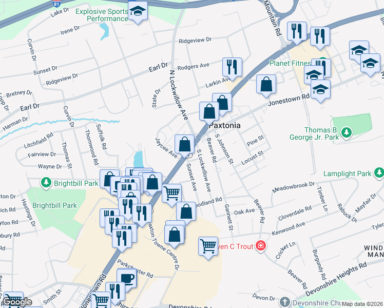 map of restaurants, bars, coffee shops, grocery stores, and more near 5303 Jonestown Rd in Harrisburg