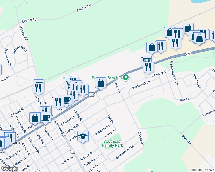 map of restaurants, bars, coffee shops, grocery stores, and more near 1036 East Main Street in Palmyra