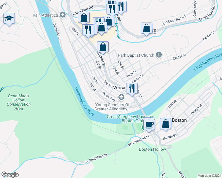 map of restaurants, bars, coffee shops, grocery stores, and more near 4920 3rd St in McKeesport