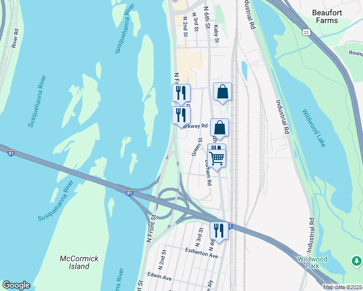 map of restaurants, bars, coffee shops, grocery stores, and more near 3919 North Front Street in Harrisburg