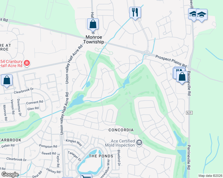 map of restaurants, bars, coffee shops, grocery stores, and more near 22 John Adams Court in Monroe Township