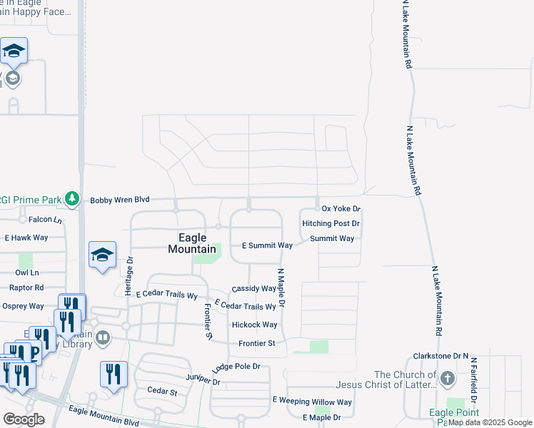 map of restaurants, bars, coffee shops, grocery stores, and more near 2166 Jordan Way in Eagle Mountain