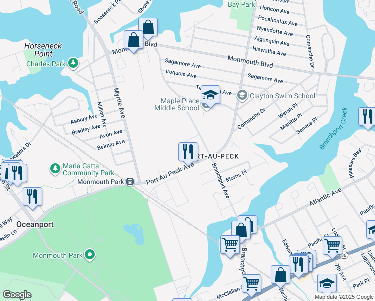 map of restaurants, bars, coffee shops, grocery stores, and more near 34 Revere Drive in Oceanport