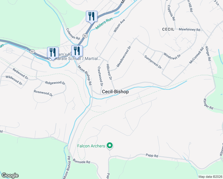 map of restaurants, bars, coffee shops, grocery stores, and more near 1 Hillcrest Drive in Cecil-Bishop