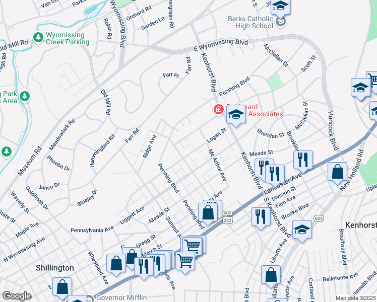 map of restaurants, bars, coffee shops, grocery stores, and more near 1445 Logan Street in Reading