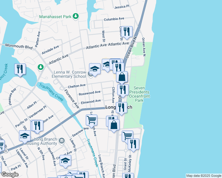 map of restaurants, bars, coffee shops, grocery stores, and more near 284 Clifton Avenue in Long Branch