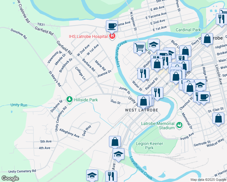 map of restaurants, bars, coffee shops, grocery stores, and more near 571 Unity Street in Latrobe
