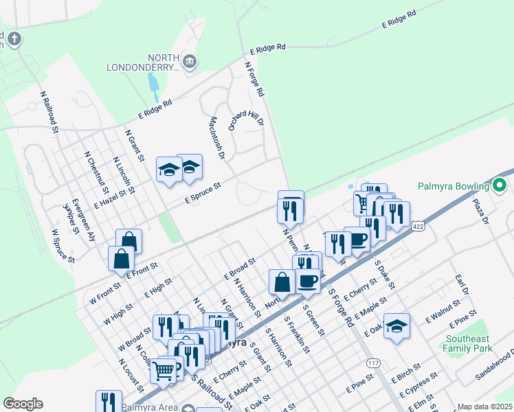 map of restaurants, bars, coffee shops, grocery stores, and more near 79 Cortland Crossing in Palmyra