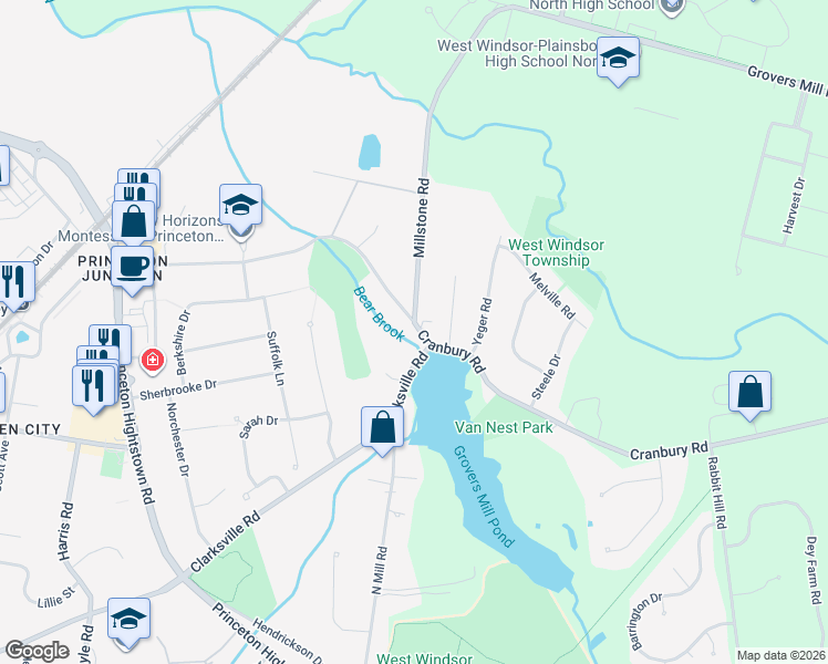 map of restaurants, bars, coffee shops, grocery stores, and more near 160 Cranbury Road in West Windsor Township