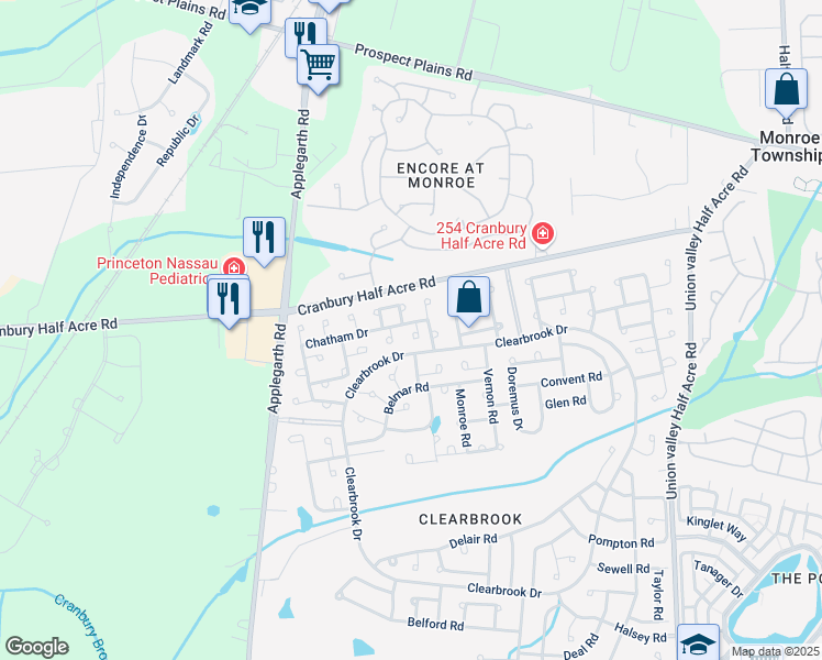 map of restaurants, bars, coffee shops, grocery stores, and more near 141C Chatham Drive in Monroe Township