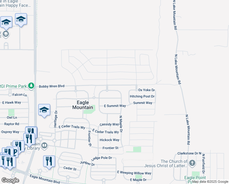 map of restaurants, bars, coffee shops, grocery stores, and more near 2166 Jordan Way in Eagle Mountain