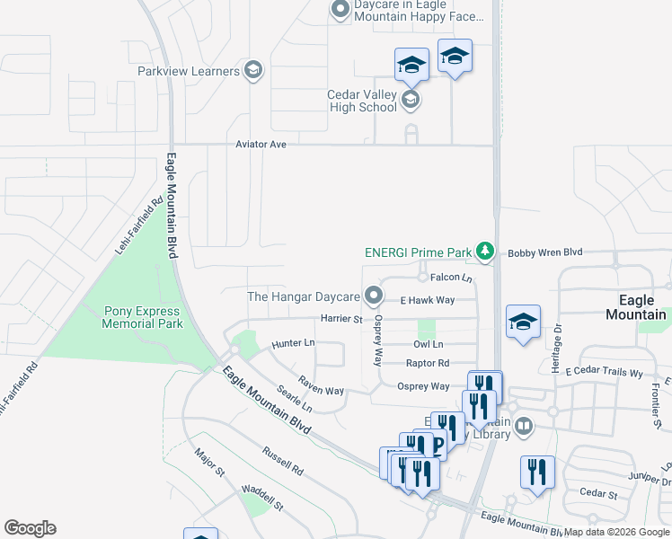 map of restaurants, bars, coffee shops, grocery stores, and more near 1186 East Antelope Drive in Eagle Mountain
