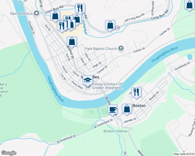 map of restaurants, bars, coffee shops, grocery stores, and more near 413 Chestnut St in McKeesport