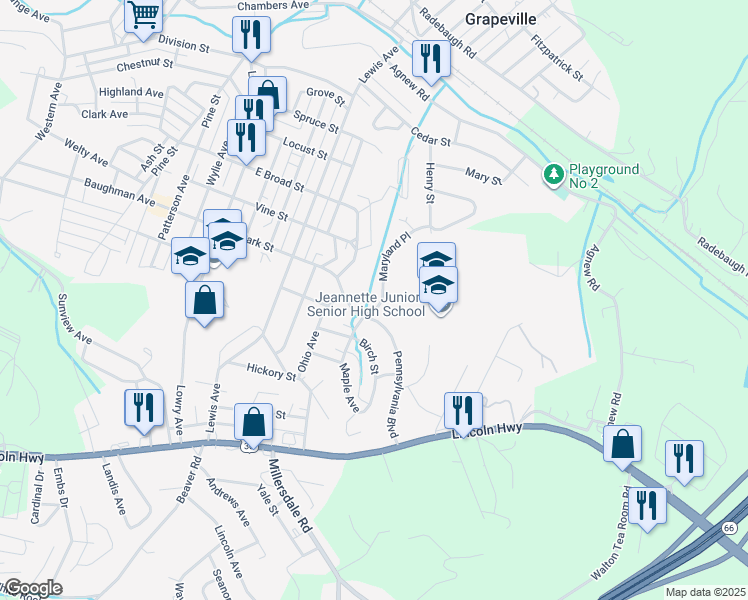 map of restaurants, bars, coffee shops, grocery stores, and more near 6 Maryland Place in Jeannette
