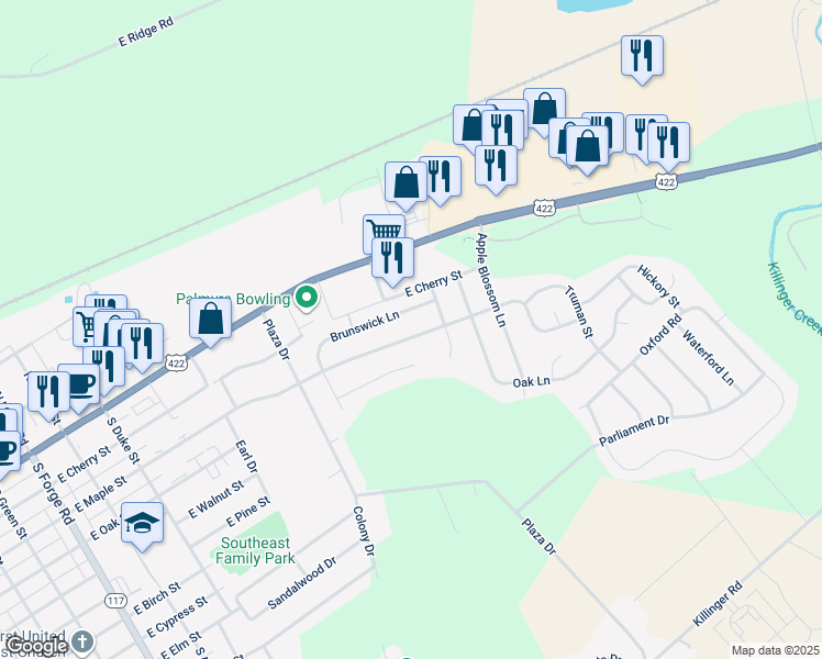 map of restaurants, bars, coffee shops, grocery stores, and more near 1151 East Maple Street in Palmyra