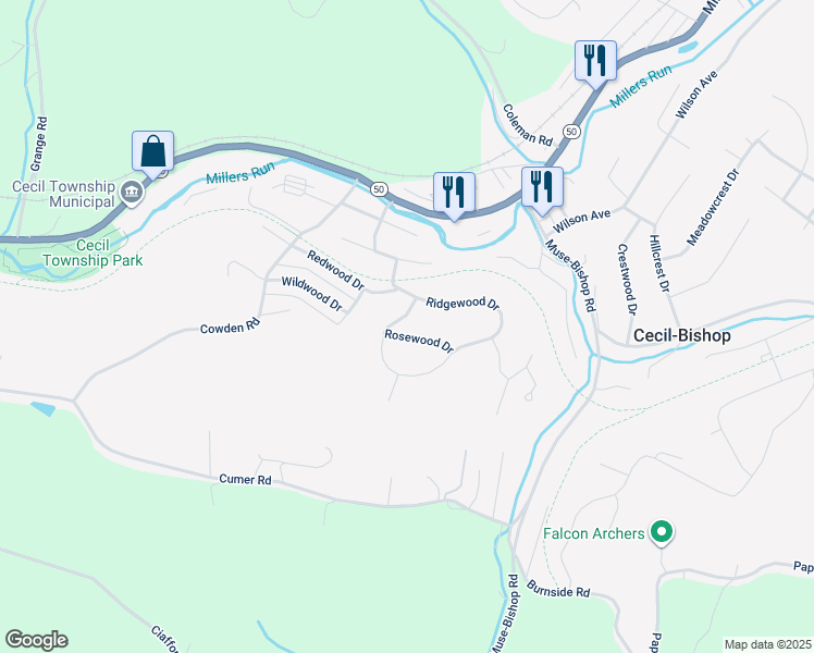 map of restaurants, bars, coffee shops, grocery stores, and more near 308 Rosewood Drive in McDonald