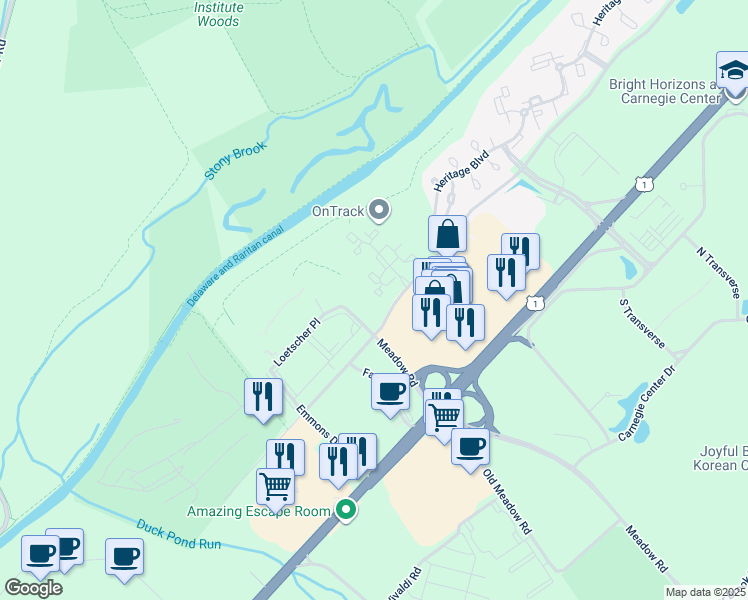 map of restaurants, bars, coffee shops, grocery stores, and more near 105 Olympic Court in Princeton