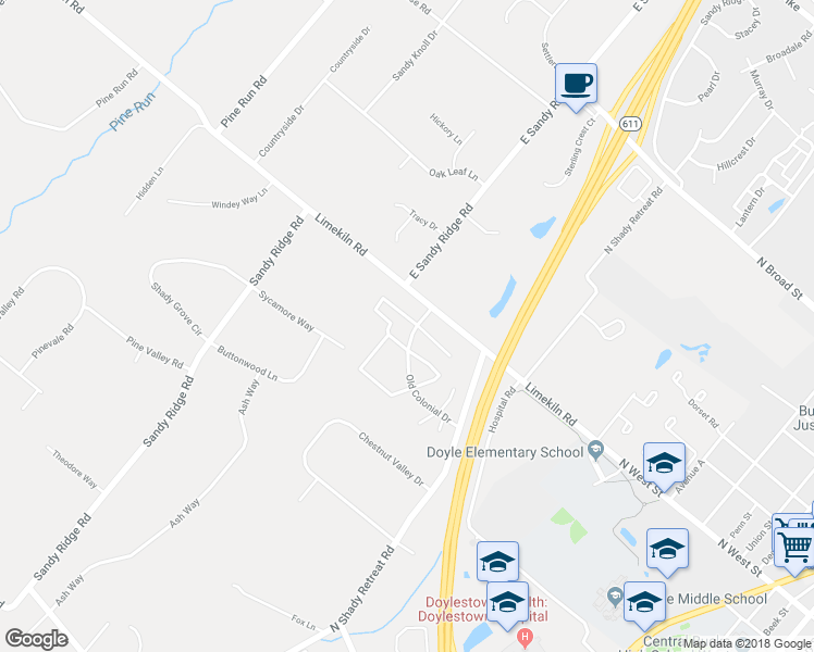 map of restaurants, bars, coffee shops, grocery stores, and more near 4 Constitution Avenue in Doylestown