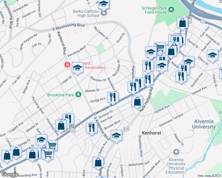 map of restaurants, bars, coffee shops, grocery stores, and more near 106 Brookline Plaza in Reading