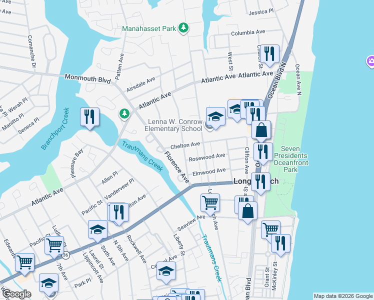 map of restaurants, bars, coffee shops, grocery stores, and more near 172 Chelton Avenue in Long Branch