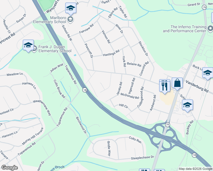 map of restaurants, bars, coffee shops, grocery stores, and more near 8 Owens Road in Marlboro