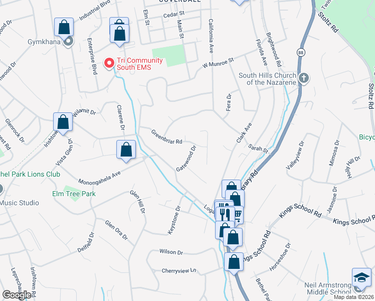 map of restaurants, bars, coffee shops, grocery stores, and more near 1144 Greenbriar Road in Bethel Park