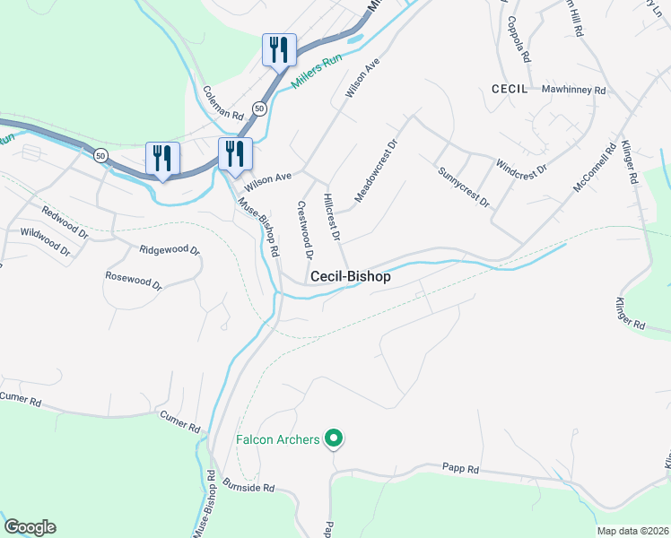 map of restaurants, bars, coffee shops, grocery stores, and more near 1 Hillcrest Drive in Cecil-Bishop