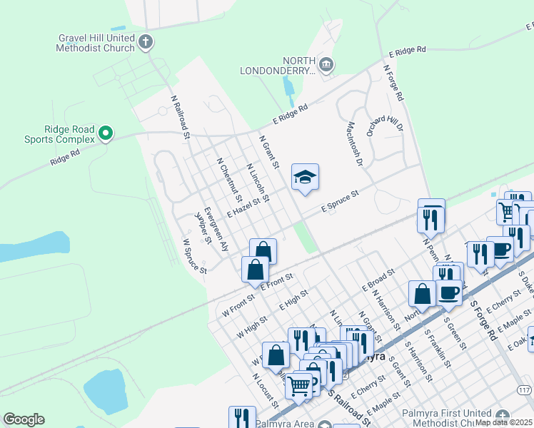 map of restaurants, bars, coffee shops, grocery stores, and more near 539 North Lincoln Street in Palmyra