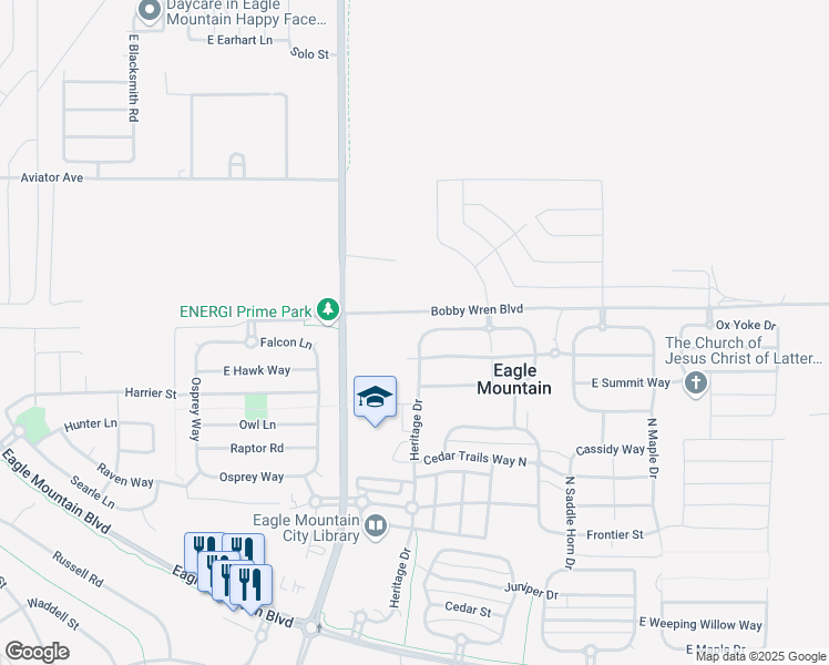 map of restaurants, bars, coffee shops, grocery stores, and more near 4685 Church Way in Eagle Mountain