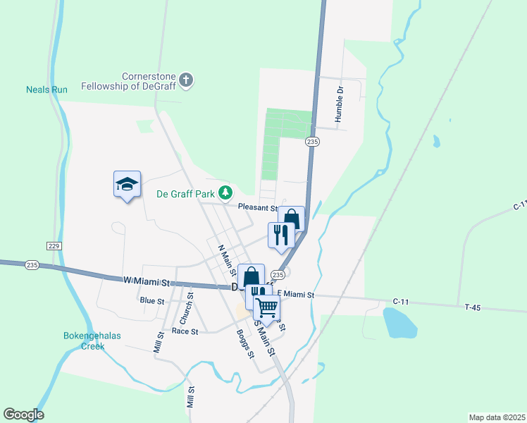 map of restaurants, bars, coffee shops, grocery stores, and more near 254 East Pleasant Street in De Graff