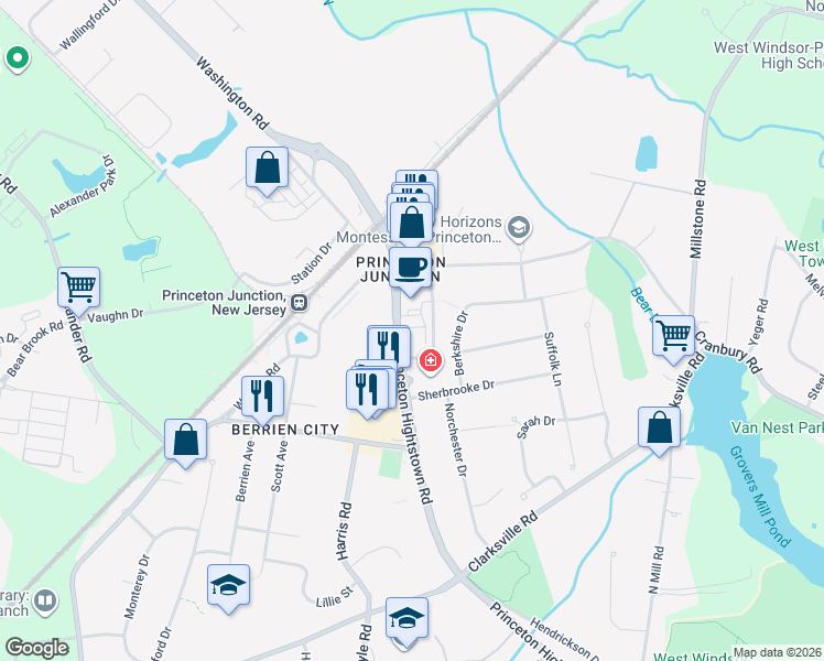 map of restaurants, bars, coffee shops, grocery stores, and more near 47 Princeton Hightstown Road in West Windsor Township