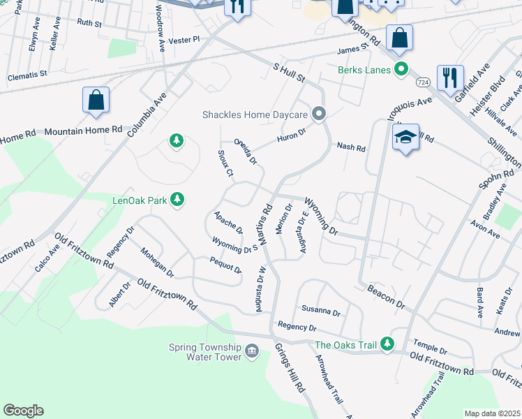 map of restaurants, bars, coffee shops, grocery stores, and more near 406 Martins Road in Sinking Spring