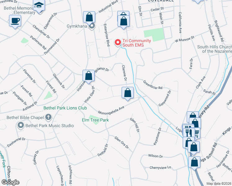 map of restaurants, bars, coffee shops, grocery stores, and more near 1025 Fairview Drive in Bethel Park