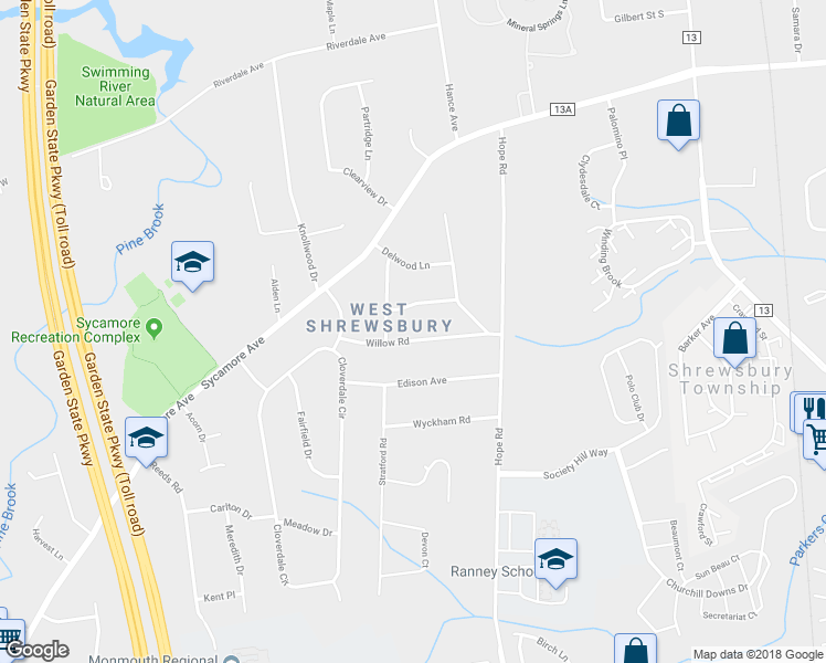map of restaurants, bars, coffee shops, grocery stores, and more near 63 Willow Road in Tinton Falls