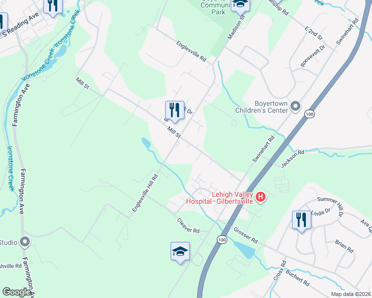 map of restaurants, bars, coffee shops, grocery stores, and more near 400 Mill Street in Boyertown