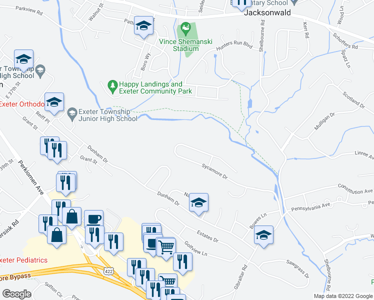 map of restaurants, bars, coffee shops, grocery stores, and more near 58 Sycamore Drive in Reading