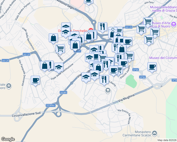 map of restaurants, bars, coffee shops, grocery stores, and more near 5 Via S. Marino in Nuoro