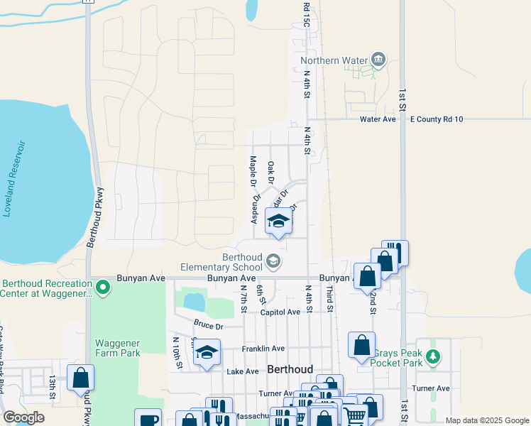 map of restaurants, bars, coffee shops, grocery stores, and more near 1213 Cedar Drive in Berthoud
